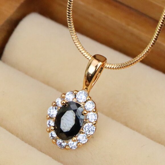 "Black Oval Pendant with Sparkling Halo in Gold-Plated Brass Setting, XPPT1814 - Picture 1 of 13